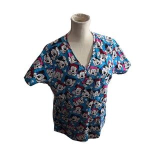 Disney Mickey & Minnie Mouse Print Women Blue V-Neck Short Sleeve Scrub Top Sz L